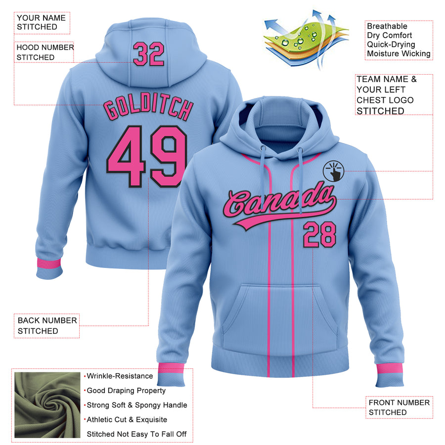 Custom Stitched Light Blue Pink-Black Baseball Pullover Sweatshirt Hoodie