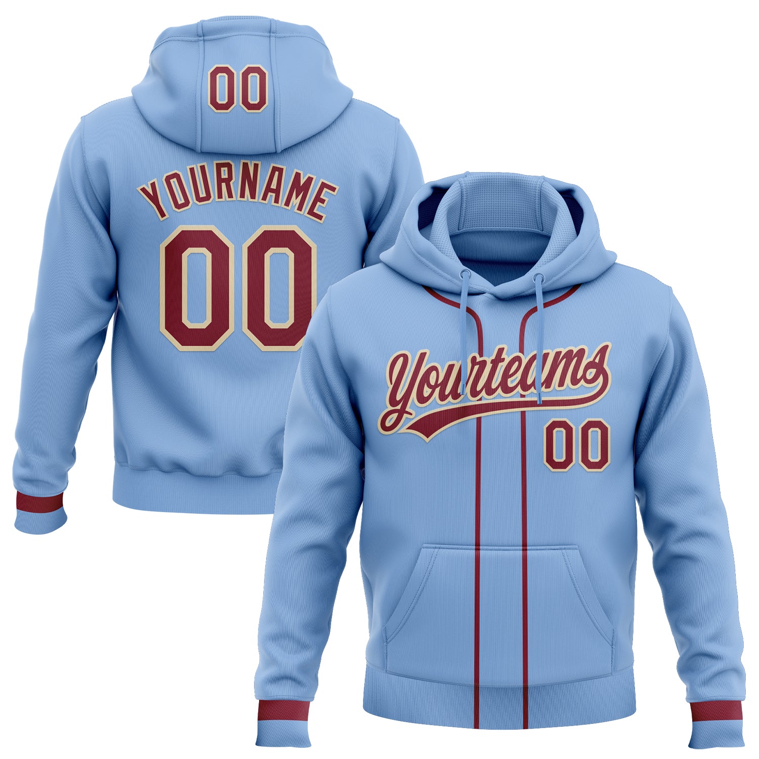 Custom Stitched Light Blue Crimson-Cream Baseball Pullover Sweatshirt Hoodie