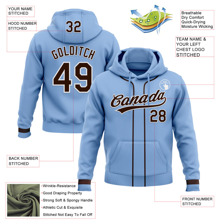 Custom Stitched Light Blue Brown-White Baseball Pullover Sweatshirt Hoodie