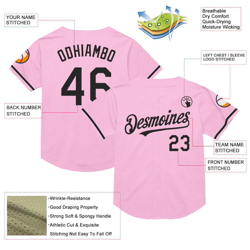 Custom Light Pink Black Mesh Authentic Throwback Baseball Jersey