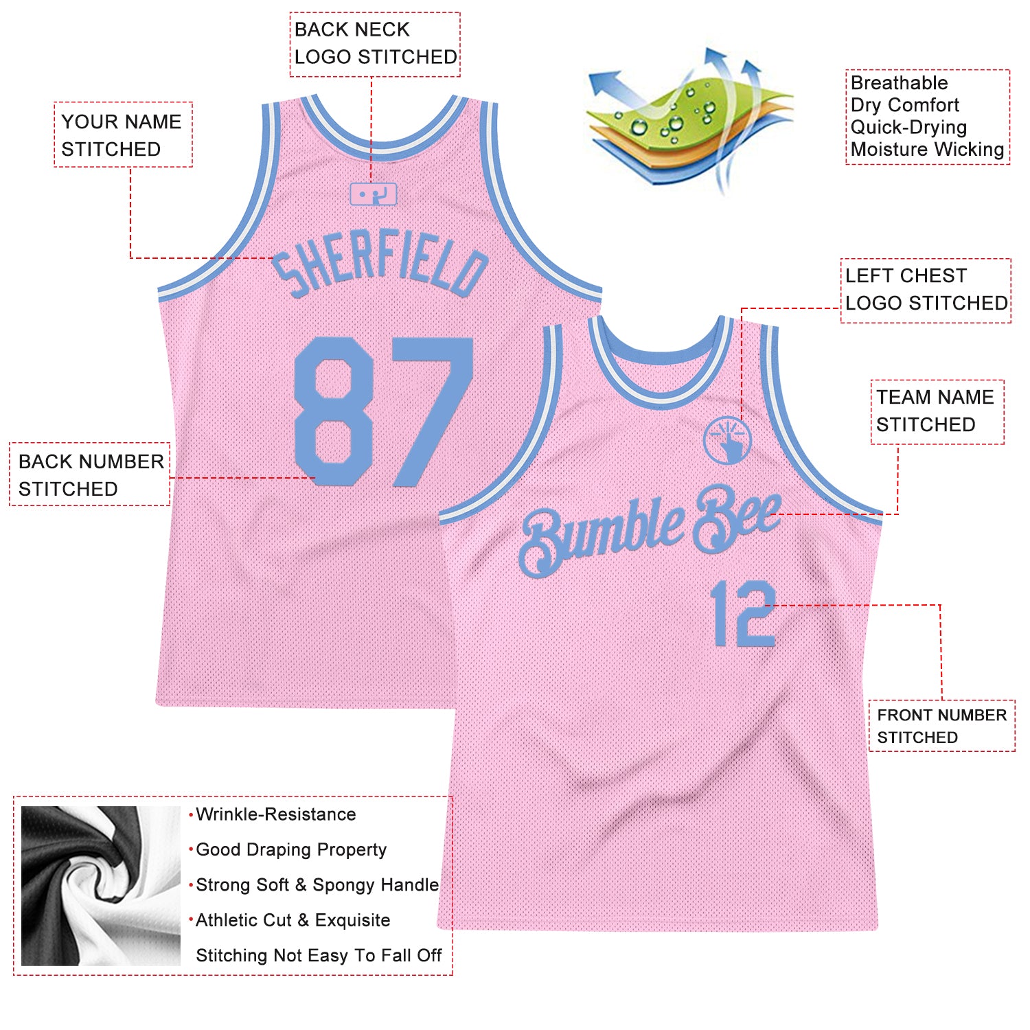 Custom Light Pink Light Blue-White Authentic Throwback Basketball Jersey