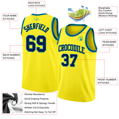 Custom Light Yellow Navy-Teal Authentic Basketball Jersey