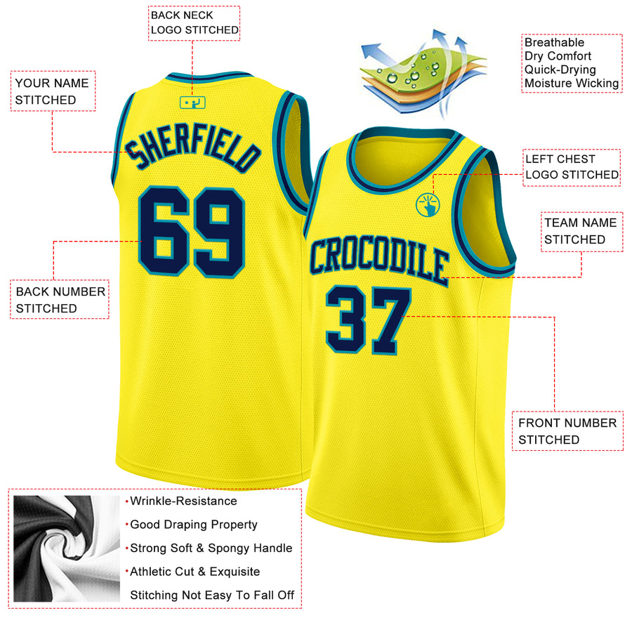 Custom Light Yellow Navy-Teal Authentic Basketball Jersey
