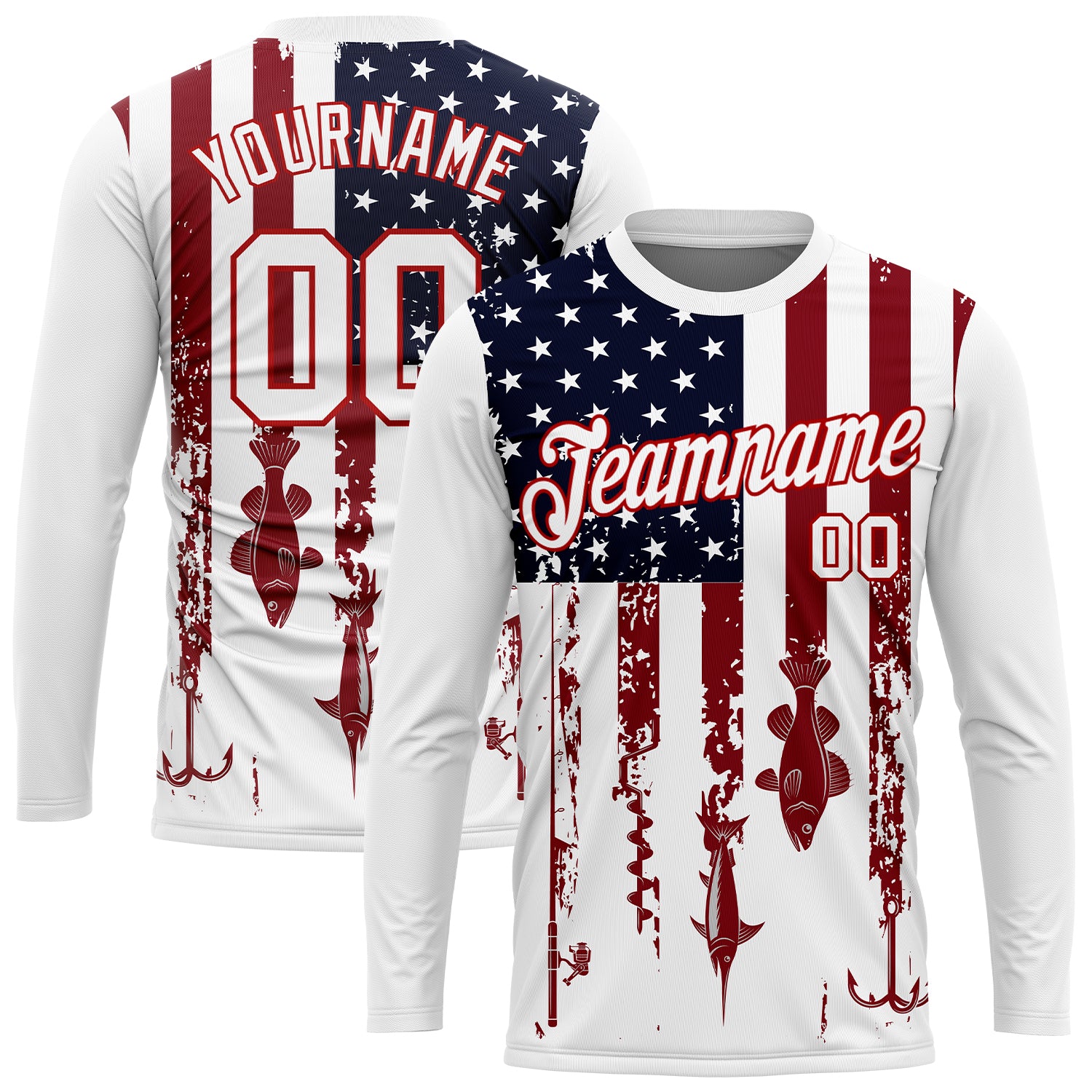Custom American Flag Long Sleeve Performance T-Shirt White Red-Navy 3D And  Fish Hook Fishing - FansIdea, image size:1500x1500