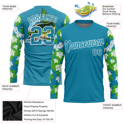 Custom Panther Blue White 3D Tropical Leaves And Bass Fish Fishing Long Sleeve Performance T-Shirt