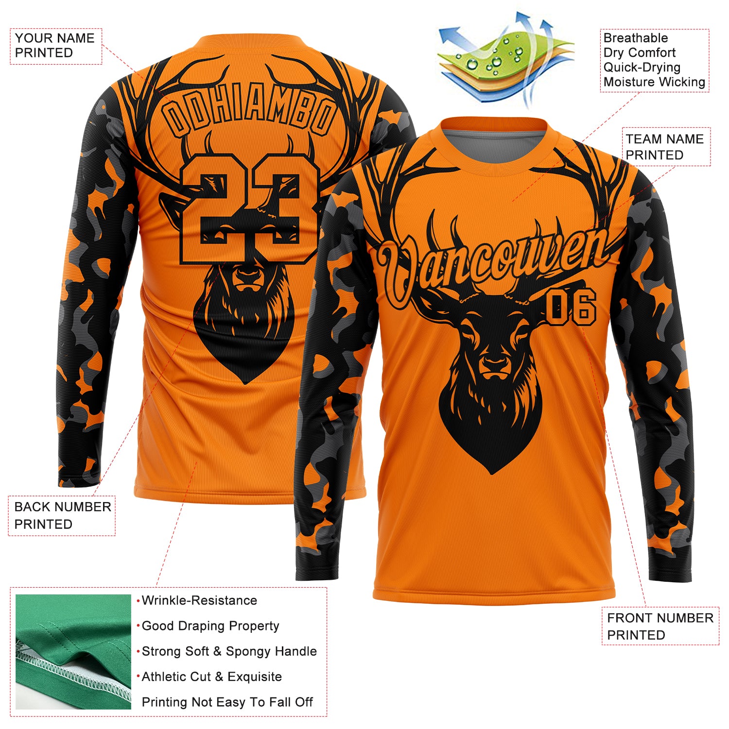 Custom Bay Orange Black-Camo 3D Animal Deer Hunting Long Sleeve Performance T-Shirt