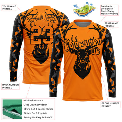 Custom Bay Orange Black-Camo 3D Animal Deer Hunting Long Sleeve Performance T-Shirt