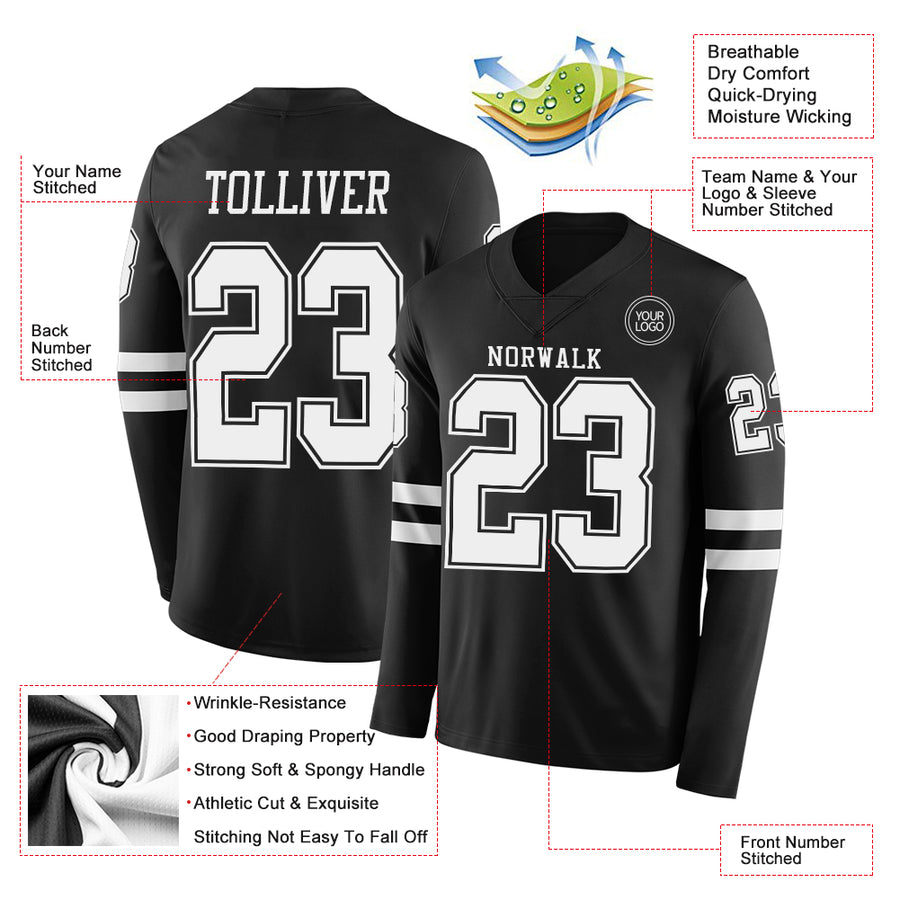 Custom Black White Long Sleeve Authentic Football Jersey