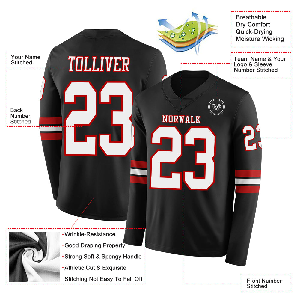 Custom Black White-Red Long Sleeve Authentic Football Jersey