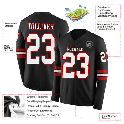Custom Black White-Red Long Sleeve Authentic Football Jersey