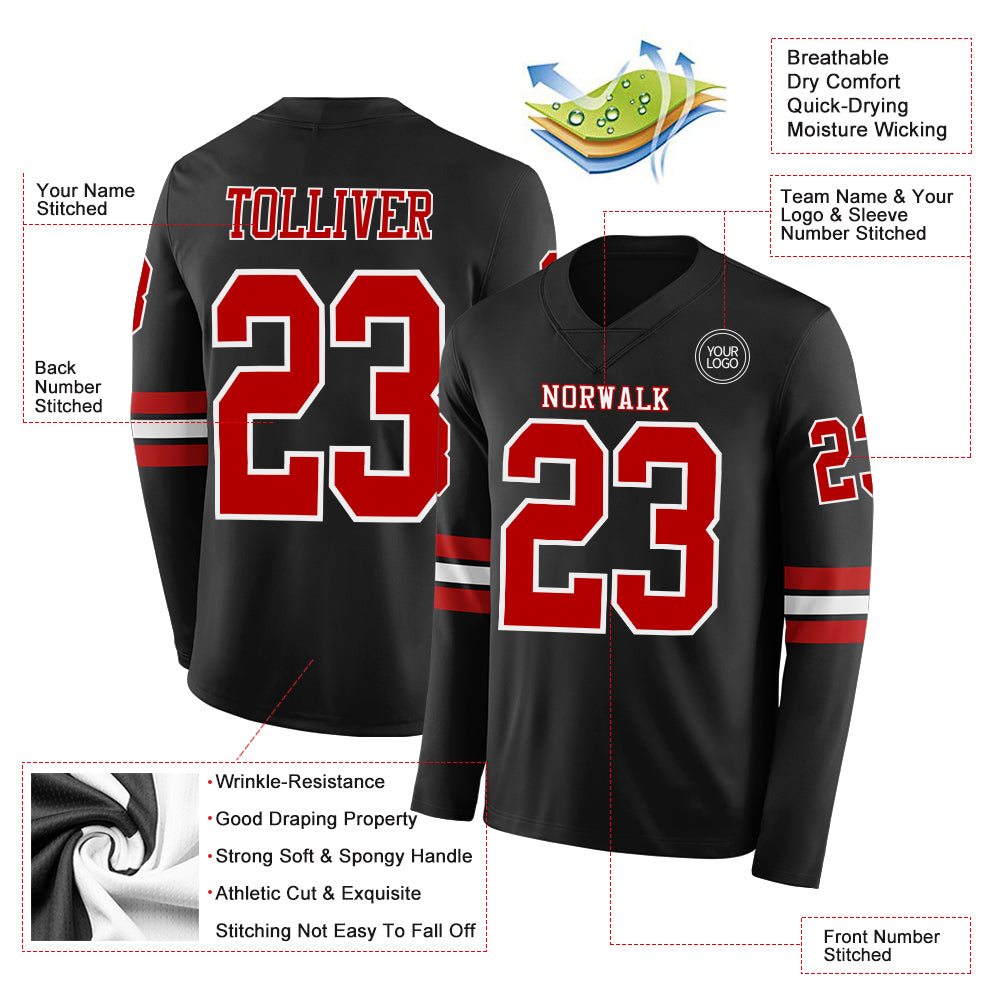 Custom Black Red-White Long Sleeve Authentic Football Jersey