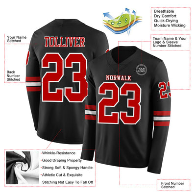 Custom Black Red-White Long Sleeve Authentic Football Jersey