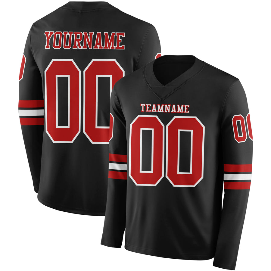 Custom Black Red-White Long Sleeve Authentic Football Jersey