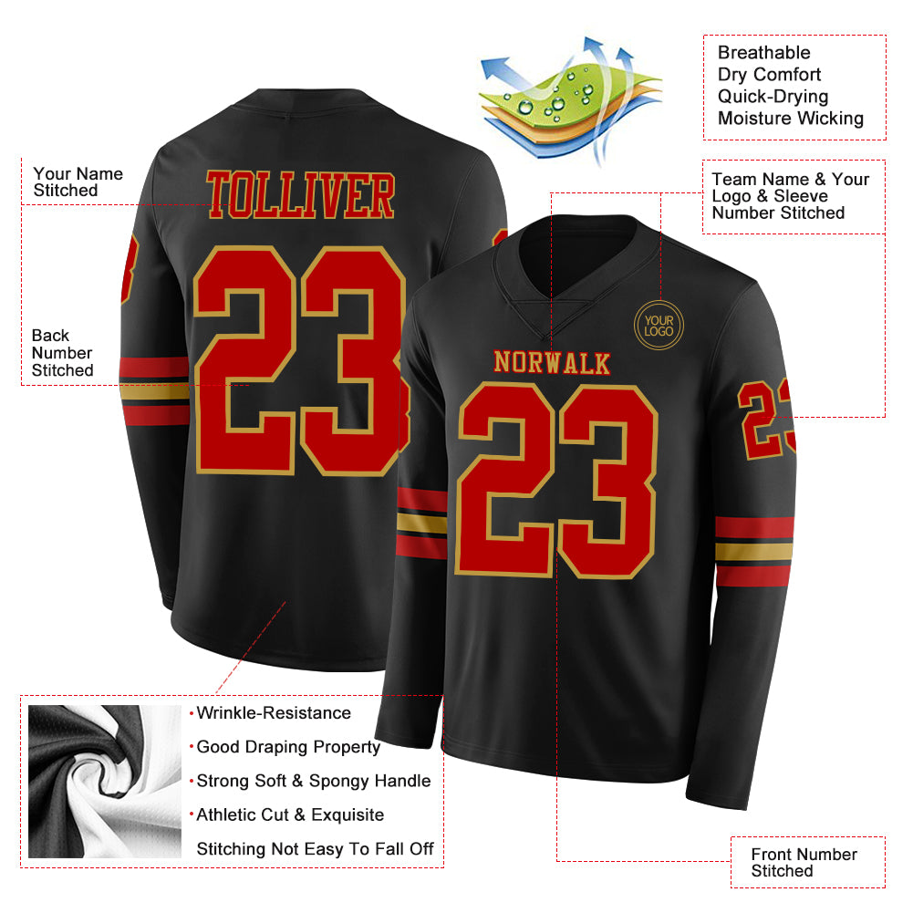 Custom Black Red-Old Gold Long Sleeve Authentic Football Jersey