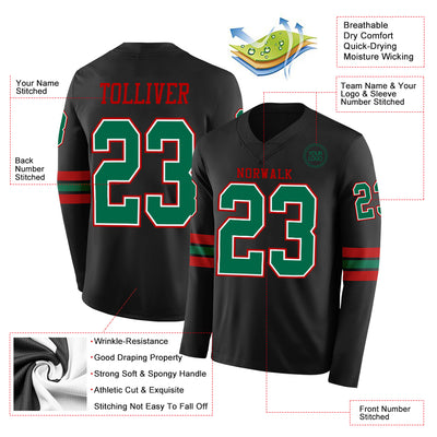 Custom Black Kelly Green White-Red Long Sleeve Authentic Football Jersey