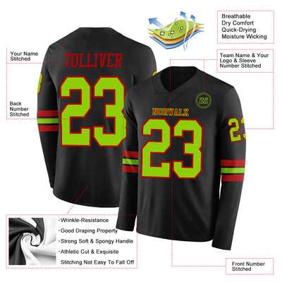 Custom Black Neon Green-Red Long Sleeve Authentic Football Jersey