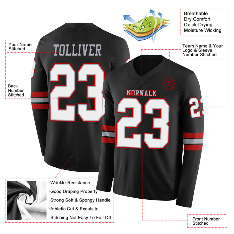 Custom Black White Gray-Red Long Sleeve Authentic Football Jersey