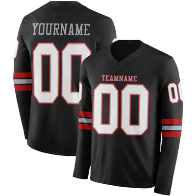 Custom Black White Gray-Red Long Sleeve Authentic Football Jersey