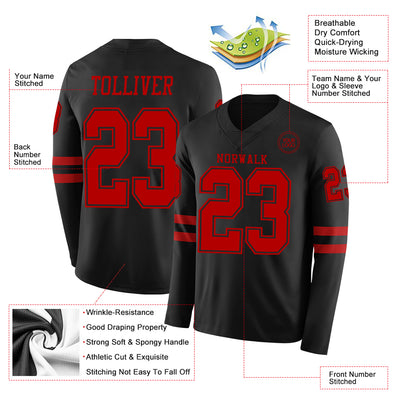 Custom Black Red Long Sleeve Authentic Football Jersey