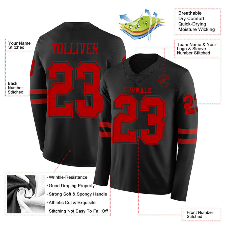 Custom Black Red Long Sleeve Authentic Football Jersey