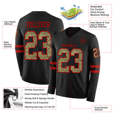 Custom Black Camo-Red Long Sleeve Authentic Football Jersey