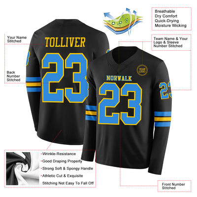 Custom Black Powder Blue-Yellow Long Sleeve Authentic Football Jersey