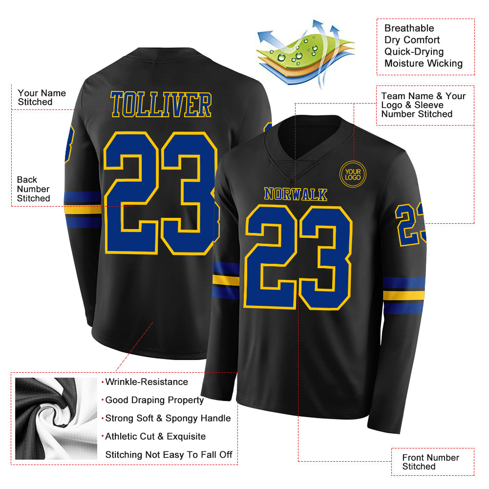 Custom Black Royal-Yellow Long Sleeve Authentic Football Jersey