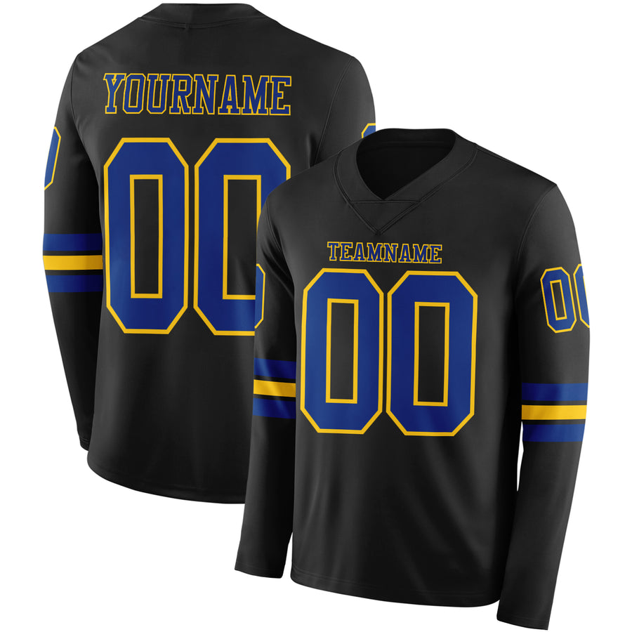 Custom Black Royal-Yellow Long Sleeve Authentic Football Jersey