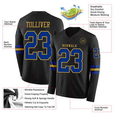 Custom Black Royal-Old Gold Long Sleeve Authentic Football Jersey