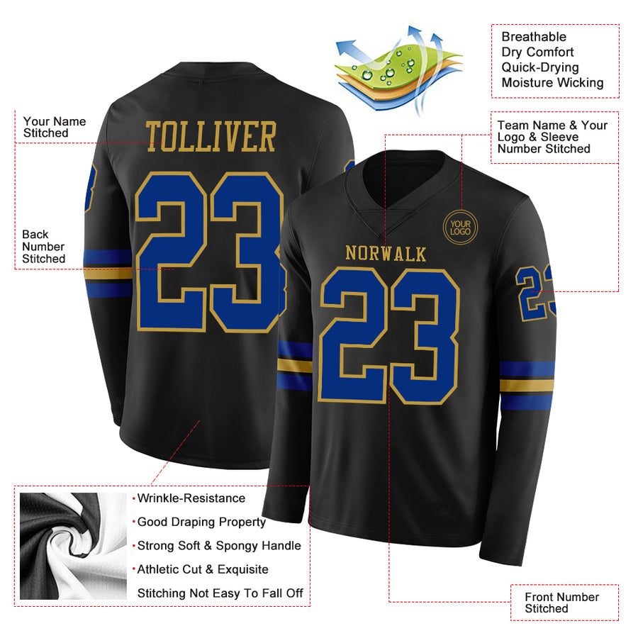 Custom Black Royal-Old Gold Long Sleeve Authentic Football Jersey