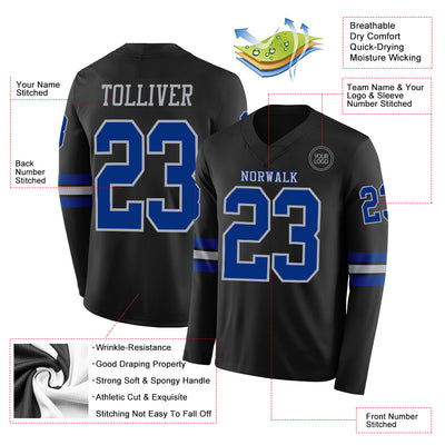 Custom Black Royal-Gray Long Sleeve Authentic Football Jersey