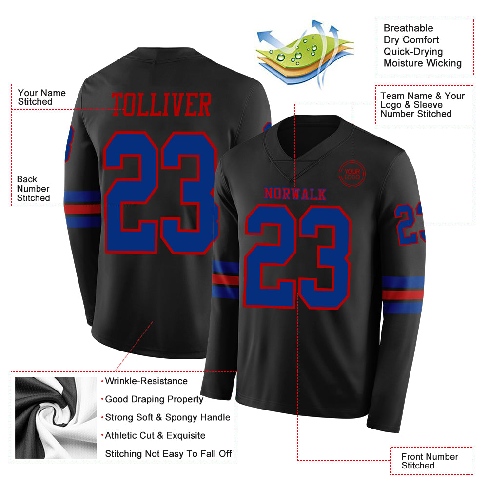 Custom Black Royal-Red Long Sleeve Authentic Football Jersey