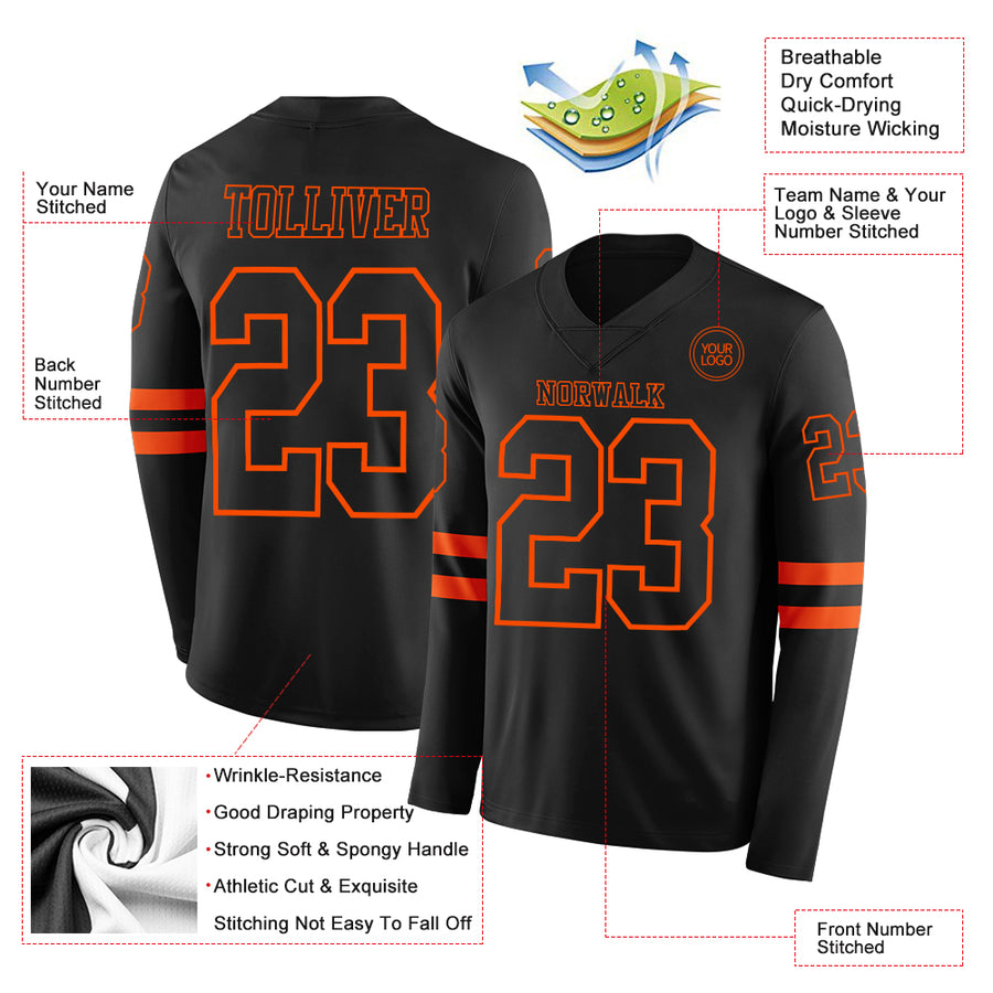 Custom Black Orange Long Sleeve Authentic Football Jersey