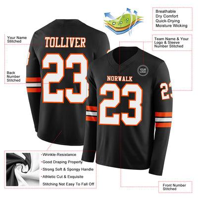 Custom Black White-Orange Long Sleeve Authentic Football Jersey