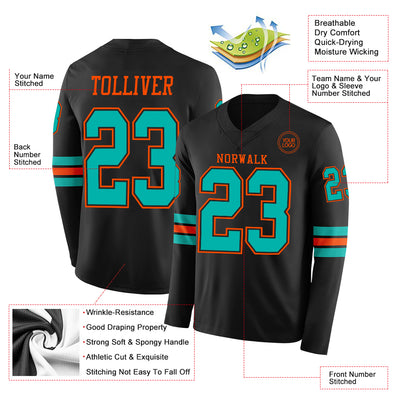 Custom Black Aqua-Orange Long Sleeve Authentic Football Jersey