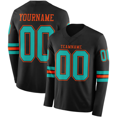 Custom Black Aqua-Orange Long Sleeve Authentic Football Jersey
