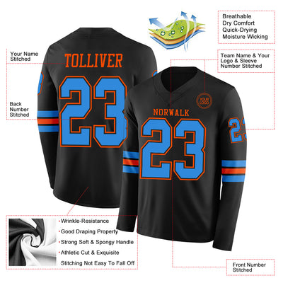 Custom Black Powder Blue-Orange Long Sleeve Authentic Football Jersey