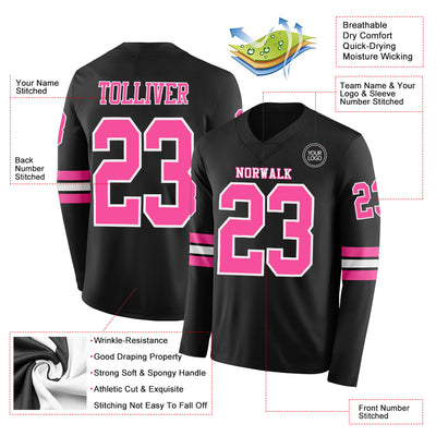 Custom Black Pink-White Long Sleeve Authentic Football Jersey