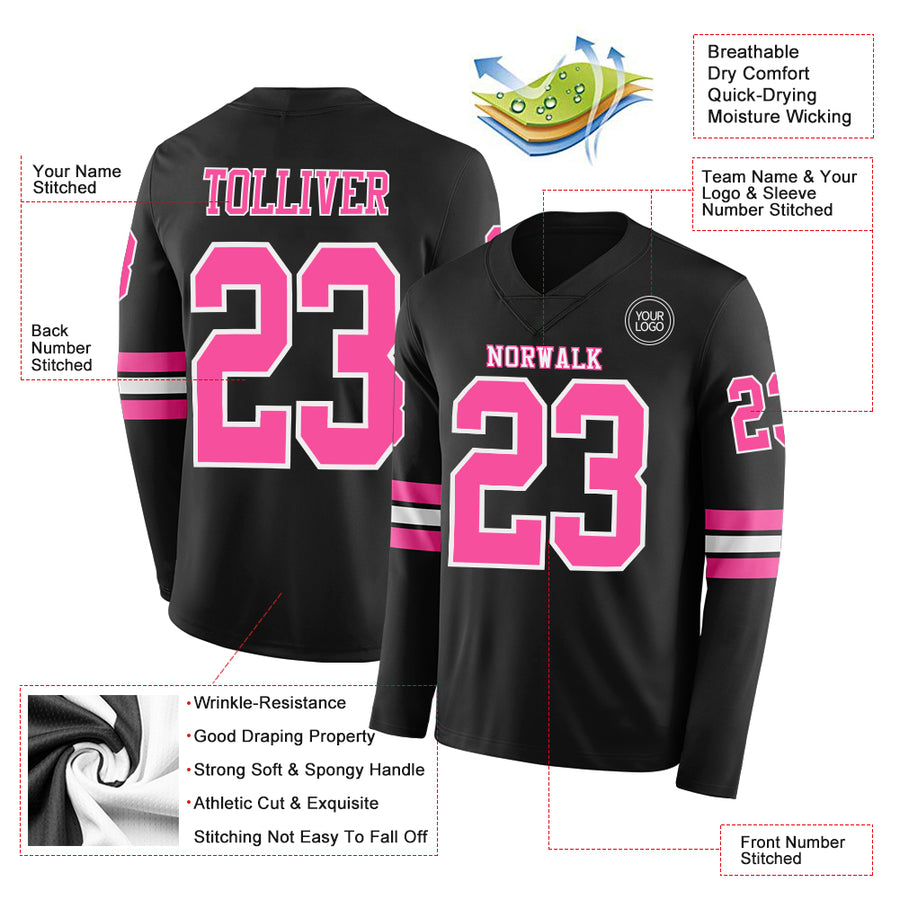 Custom Black Pink-White Long Sleeve Authentic Football Jersey