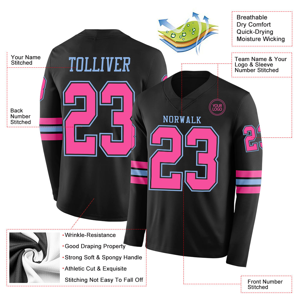 Custom Black Pink-Light Blue Long Sleeve Authentic Football Jersey