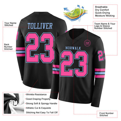 Custom Black Pink-Light Blue Long Sleeve Authentic Football Jersey