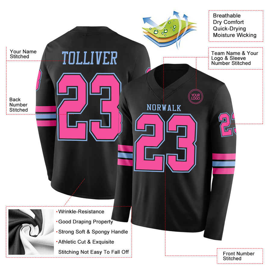Custom Black Pink-Light Blue Long Sleeve Authentic Football Jersey