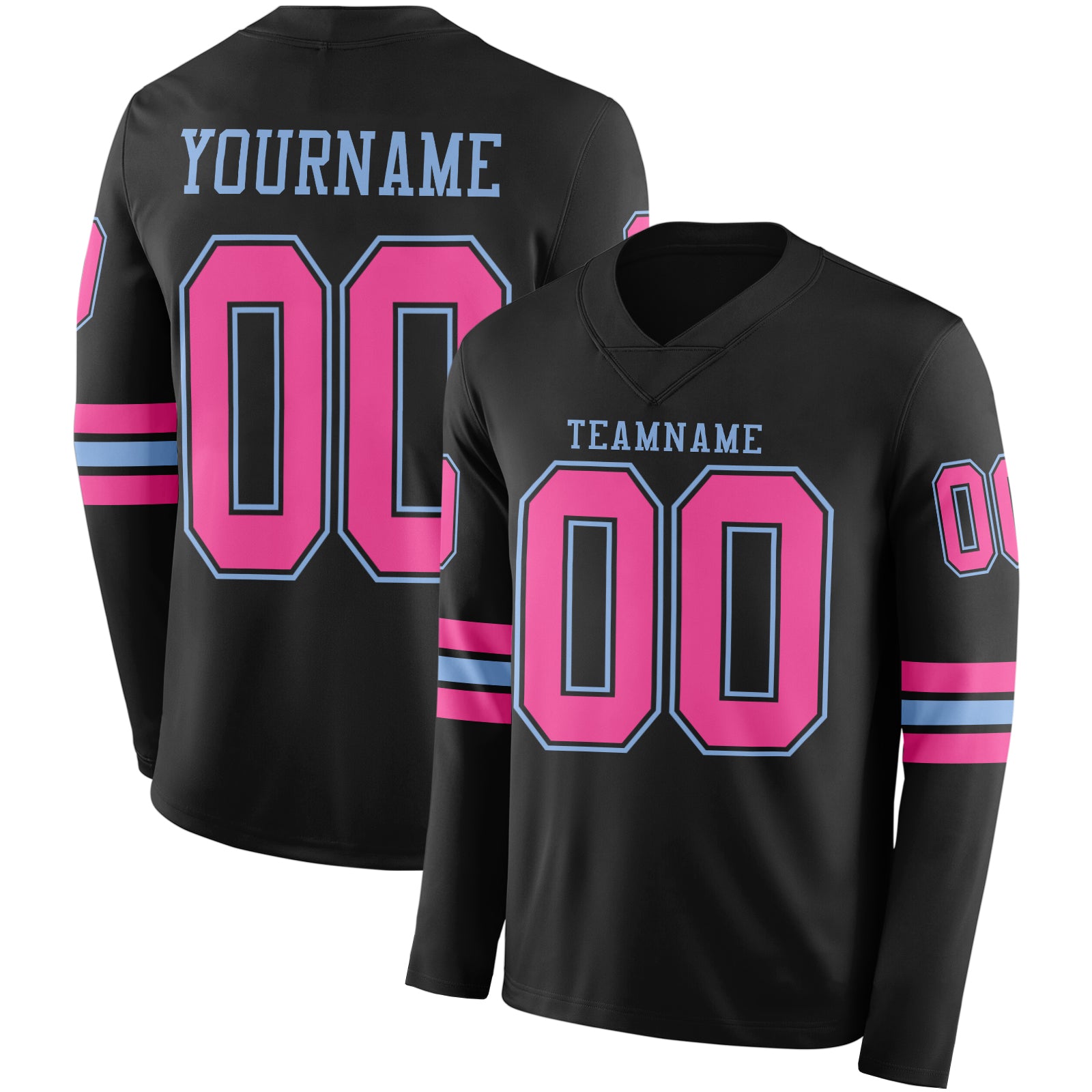 Custom Black Pink-Light Blue Long Sleeve Authentic Football Jersey