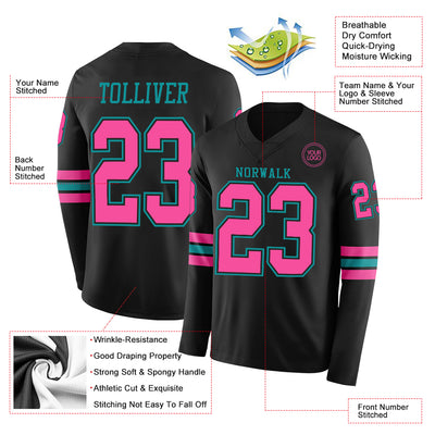 Custom Black Pink-Teal Long Sleeve Authentic Football Jersey