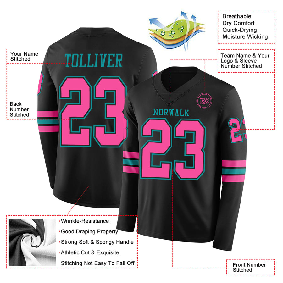 Custom Black Pink-Teal Long Sleeve Authentic Football Jersey