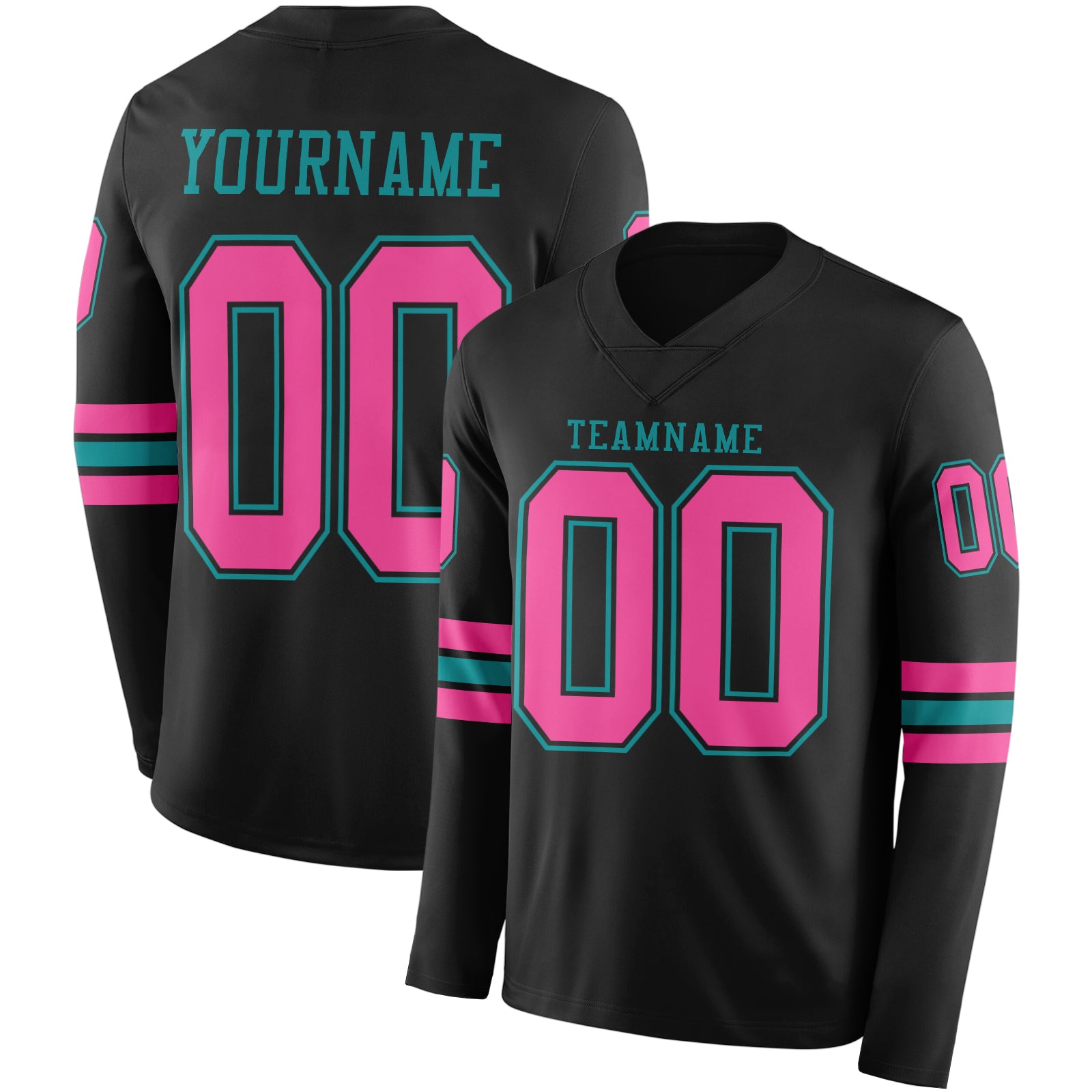 Custom Black Pink-Teal Long Sleeve Authentic Football Jersey