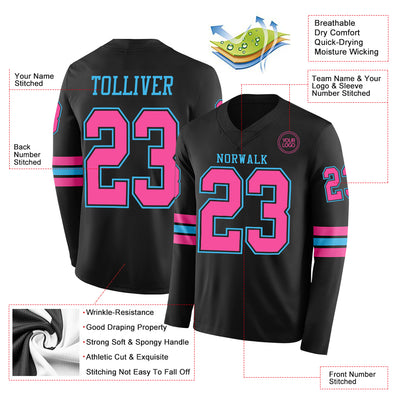 Custom Black Pink-Sky Blue Long Sleeve Authentic Football Jersey