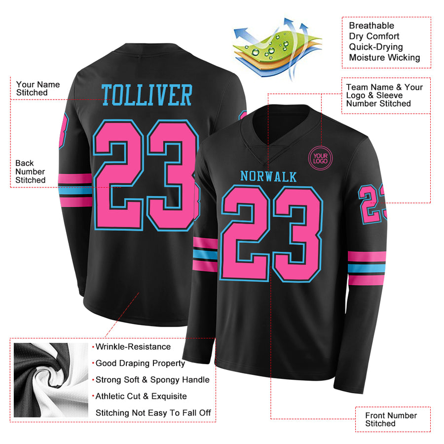 Custom Black Pink-Sky Blue Long Sleeve Authentic Football Jersey