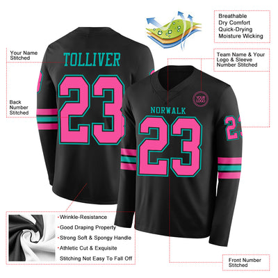 Custom Black Pink-Aqua Long Sleeve Authentic Football Jersey