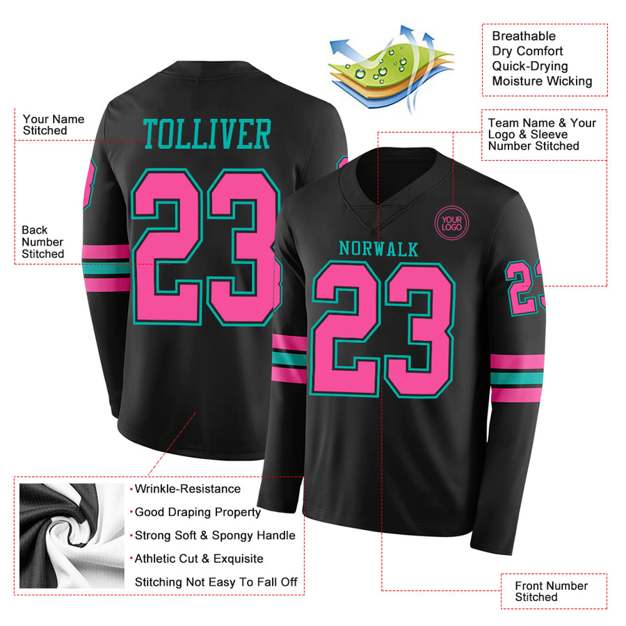 Custom Black Pink-Aqua Long Sleeve Authentic Football Jersey